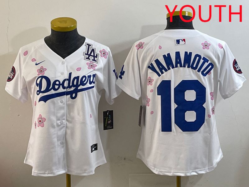 Youth Los Angeles Dodgers 18 Yamamoto White Sakura Edition 2025 Nike MLB Jersey style 4
